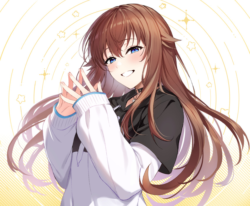 1girl black_choker black_hoodie blue_eyes blush brown_hair choker commentary garigari grin hair_flaps highres hololive hood hoodie layered_sleeves long_hair long_sleeves o-ring o-ring_choker official_alternate_costume short_over_long_sleeves short_sleeves sleeves_past_wrists smile solo steepled_fingers tokino_sora tokino_sora_(streetwear) upper_body virtual_youtuber white_hoodie