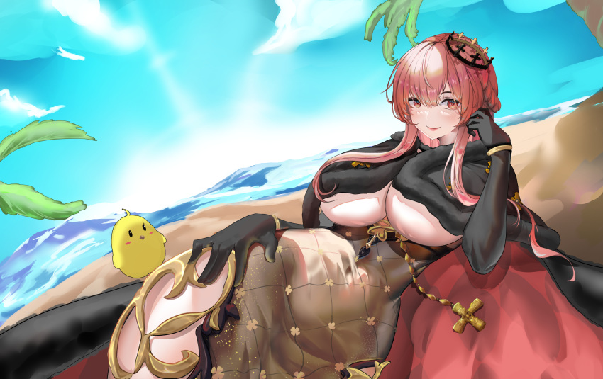 1girl absurdres azur_lane beach bird black_gloves blue_sky braid breasts chick chinese_commentary clemenceau_(azur_lane) cloak closed_mouth cloud commentary_request covered_navel cross crown crown_braid day dress elbow_gloves fur-trimmed_cloak fur_trim gloves grey_dress hair_between_eyes highres hip_vent large_breasts long_hair looking_at_viewer lying manjuu_(azur_lane) minuo_songshu ocean on_side palm_tree red_eyes red_hair sidelocks sky smile solo_focus tight_clothes tight_dress tilted_headwear tree underboob