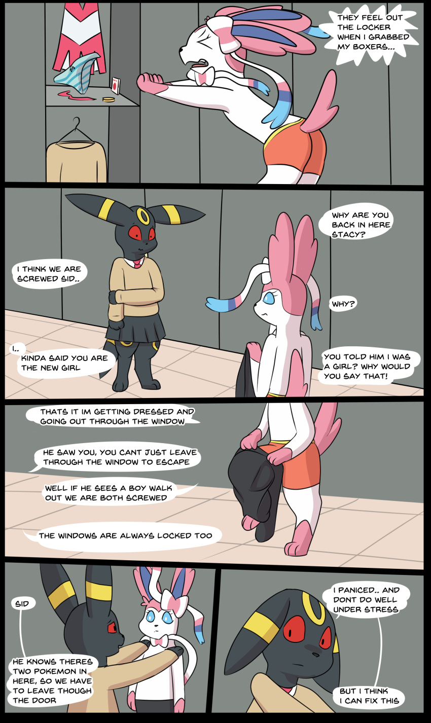 5_panel_comic absurd_res black_border border bottomwear bow_panties bow_underwear boxers_(clothing) boxers_only cheerleader_outfit clothed clothing dialogue due duo eeveelution english_text female fur generation_2_pokemon generation_6_pokemon hi_res inside locker locker_room male matachu nintendo panties pokemon pokemon_(species) school_uniform sid_(matachu) skirt stacy_(matachu) sylveon text topless topless_male umbreon underwear underwear_only uniform