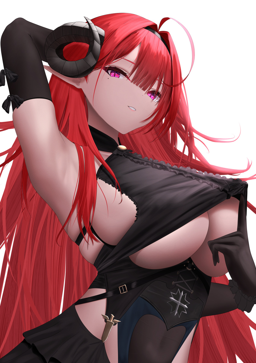 1girl absurdres ahoge arm_behind_head arm_up armpits azur_lane black_gloves black_horns breasts center_cross_lace center_frills cleavage clothes_lift clothing_cutout commentary_request covered_navel curled_horns demon_wings elbow_gloves frills gloves hair_intakes highres hindenburg_(azur_lane) horns index_finger_raised lifted_by_self long_hair looking_at_viewer mole mole_under_eye pink_pupils red_hair revision sawtooth shirt_lift slit underboob underboob_cutout upper_body very_long_hair white_background wings