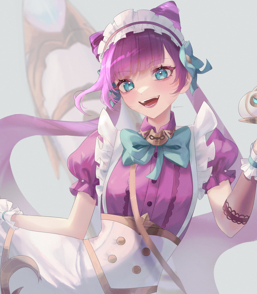 1girl :d absurdres bow bowtie cafe_cuties_jinx collared_shirt dress_shirt flower green_bow green_bowtie green_eyes green_flower hair_flower hair_ornament highres holding holding_tray jinx_(league_of_legends) league_of_legends long_hair long_sleeves maid_headdress mettyon multicolored_hair official_alternate_costume pink_hair puffy_short_sleeves puffy_sleeves raccoon_ornament shirt short_sleeves skirt smile solo teeth tray two-tone_hair white_skirt