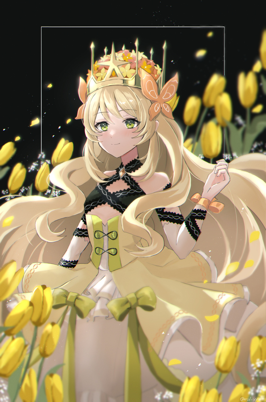 1girl absurdres blonde_hair bow butterfly_hair_ornament celine_(fire_emblem) crown dress dress_bow esuda0919 fire_emblem fire_emblem_engage flower green_eyes hair_ornament highres orange_bow orange_gemstone orange_wristband princess solo wrist_bow yellow_dress