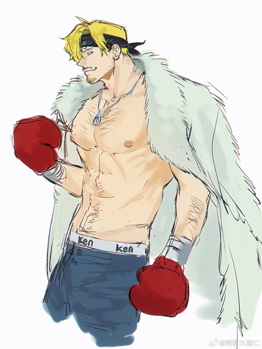 1boy arm_hair bara bare_pectorals black_headband blonde_hair boxing_gloves chest_hair coat coat_on_shoulders cropped_legs curly_eyebrows facial_hair goatee_stubble hair_over_one_eye hairy headband highres jewelry large_pectorals male_focus mature_male muscular muscular_male mustache_stubble navel_hair necklace nipples one_piece pectorals sanji_(one_piece) short_hair solo stubble sweetdou3 unfinished white_background