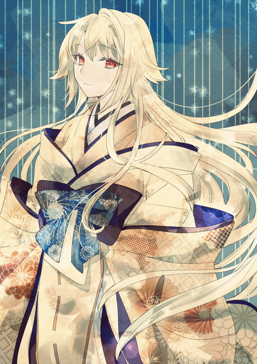 1girl blonde_hair commentary_request girl_of_the_moon_(tsuki_no_sango) highres japanese_clothes kimono long_hair red_eyes sash slit_pupils smile tsuki_no_sango urushimaru0701 very_long_hair yellow_kimono