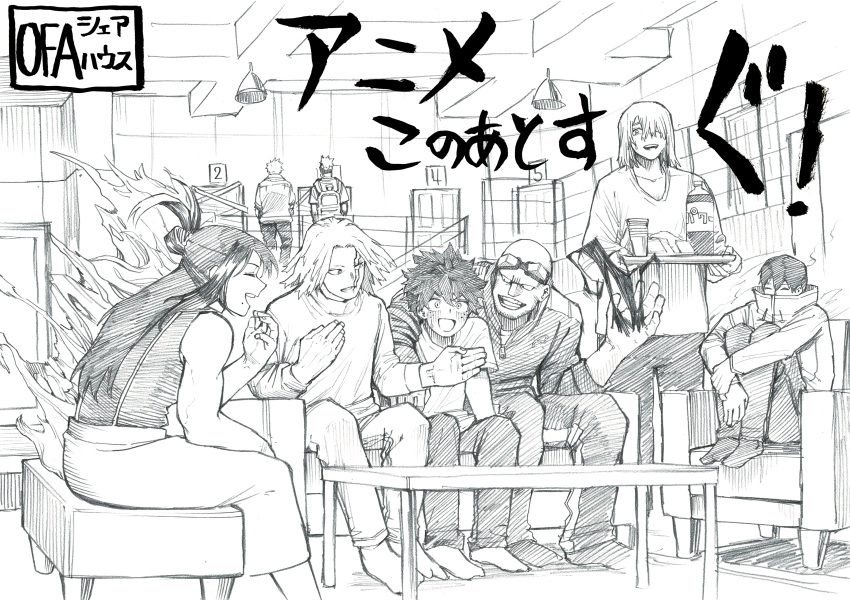 1girl 6+boys ^_^ absurdres all_might alternate_costume arm_around_shoulder armchair arms_at_sides backpack bag bald bare_arms bare_shoulders black_whip_(boku_no_hero_academia) blush boku_no_hero_academia bright_pupils casual ceiling_light chair closed_eyes clothing_request collarbone commentary_request couch covered_mouth cracked_skin crosshatching cup door drawstring drink elbow_on_knee en_(boku_no_hero_academia) facial_hair feet_on_chair fingernails folded_hair food freckles goggles goggles_on_head graphite_(medium) greyscale hair_between_eyes hair_bun hair_over_one_eye half_updo hands_up happy hatching_(texture) highres holding holding_own_arm holding_tray hugging_own_legs indoors knees_to_chest knees_up koba_ayu038 lariat_(boku_no_hero_academia) leaning_forward living_room long_hair long_sleeves looking_at_another looking_to_the_side medium_hair midoriya_izuku mole mole_under_mouth monochrome multiple_boys no_eyebrows on_couch open_mouth pants parted_bangs plank ponytail profile railing shigaraki_yoichi shimura_nana shinomori_hikage shirt short_hair short_sleeves sidelocks sign single_vertical_stripe sleeveless socks spiked_hair spoilers stack standing straight_hair stubble suspenders sweatdrop t-shirt table tank_top teeth tendril text_focus traditional_media tray unzipped upper_teeth_only v-shaped_eyebrows yagi_toshinori