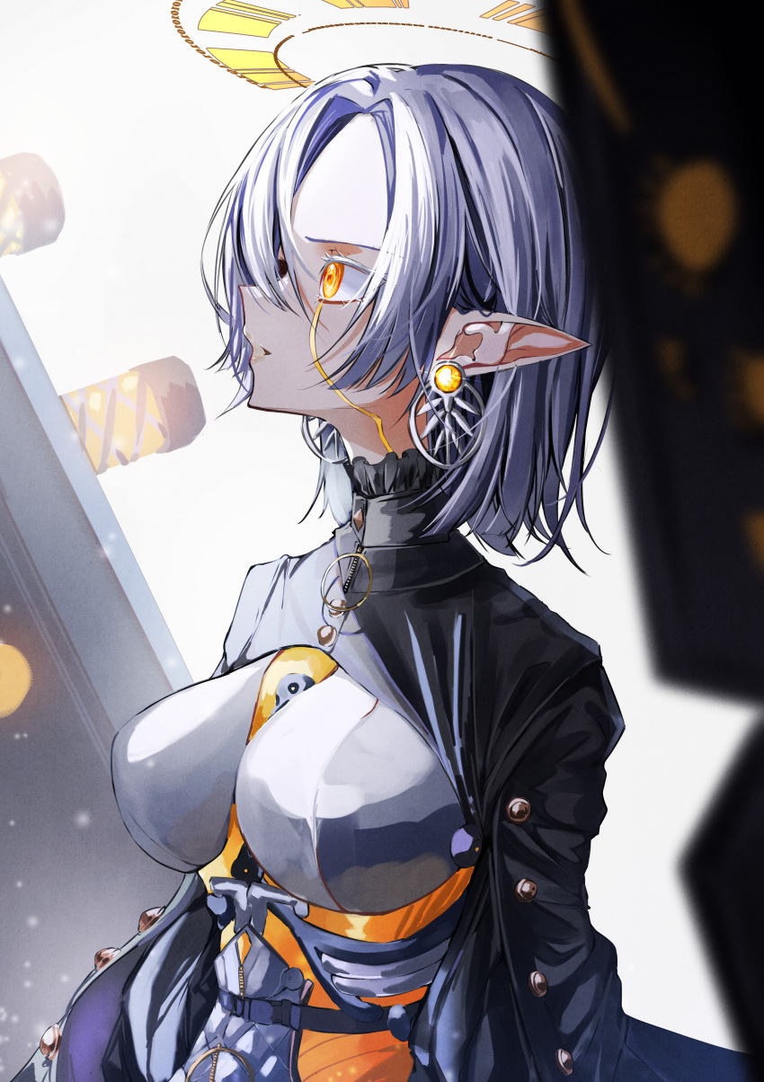 1girl absurdres black_jacket breasts buttons crymachina double_halo earrings facial_tattoo floating floating_object floating_weapon grey_hair grey_shirt hair_between_eyes halo highres jacket jewelry large_breasts long_pointy_ears medium_hair mikoto_sengiku_(crymachina) open_mouth orange_eyes pointy_ears shirt sidelocks solo taigaai4649 tattoo upper_body