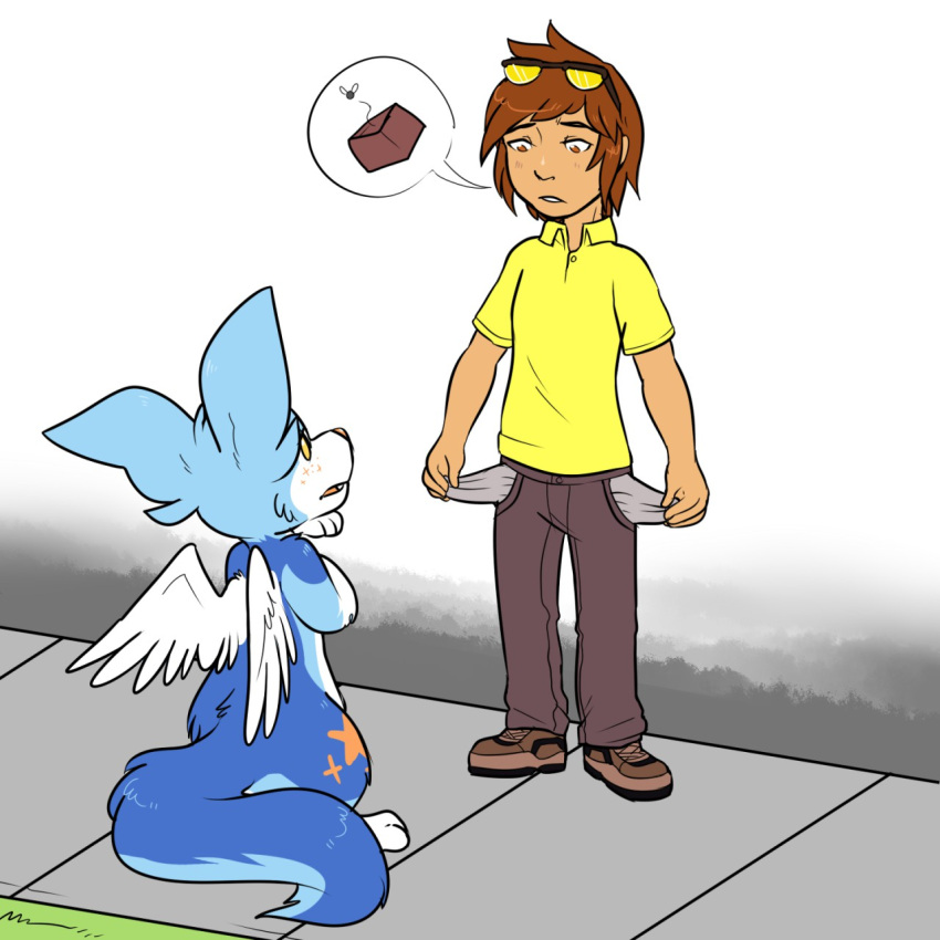anthro blue_body blue_fur brown_hair canid canine clothed clothing colored duo eyewear female fox fur hair hi_res human kipaki looking_down looking_up male mammal size_difference smaller_female street sunglasses thought_bubble white_body white_fur wings