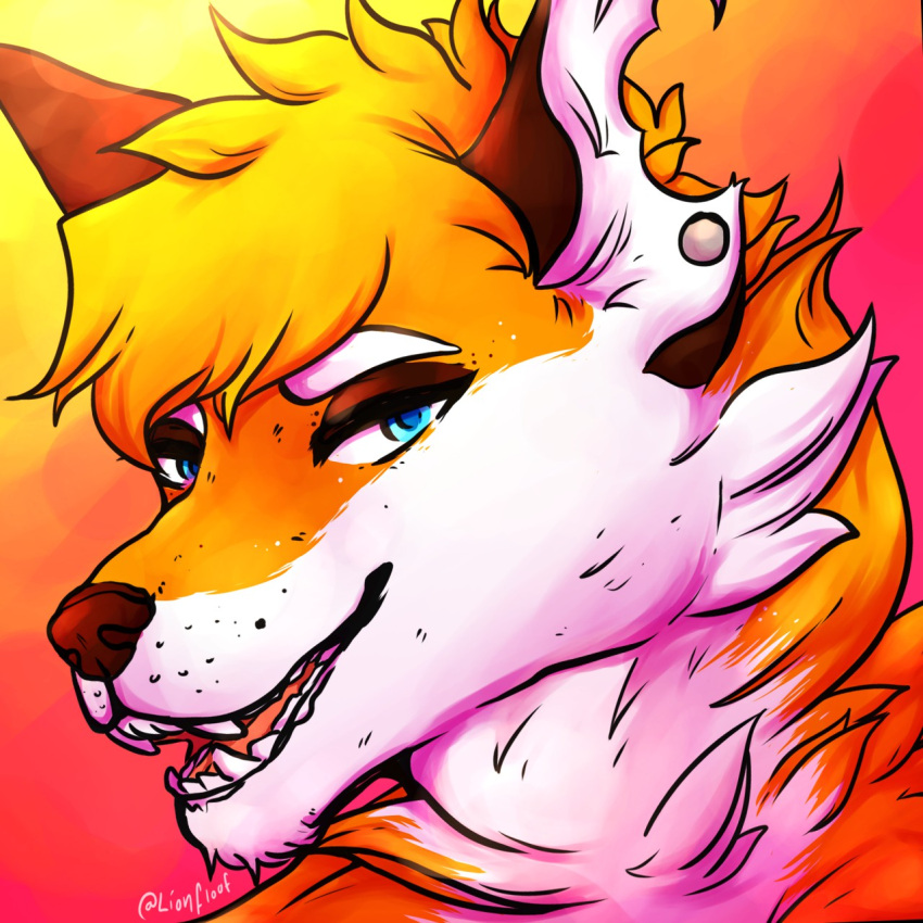 1:1 anthro blonde_hair blue_eyes brown_eyeshadow brown_nose bust_portrait cheek_tuft chin_tuft ear_piercing ear_stud facial_tuft fangs fur hair hi_res lionfloof looking_at_viewer male narrowed_eyes neck_tuft notched_ear open_mouth orange_body orange_fur piercing portrait red_tongue short_hair signature simple_background solo teeth tongue tuft white_body white_fur