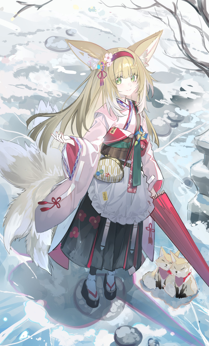 1girl absurdres animal animal_ear_fluff animal_ears apron arknights bangs bare_tree black_hakama blonde_hair blush chinese_commentary closed_mouth closed_umbrella coin_purse commentary echj flower fox fox_ears fox_girl fox_tail frilled_apron frills green_eyes hair_flower hair_ornament hairband hakama hakama_skirt highres holding holding_umbrella japanese_clothes kimono kitsune kyuubi light_blush long_hair looking_at_viewer multiple_tails official_alternate_costume oil-paper_umbrella okobo outdoors pink_kimono pinwheel red_hairband skirt smile snow socks solo standing suzuran_(arknights) suzuran_(yukibare)_(arknights) tabi tail tree umbrella waist_apron white_apron white_socks wide_sleeves yagasuri