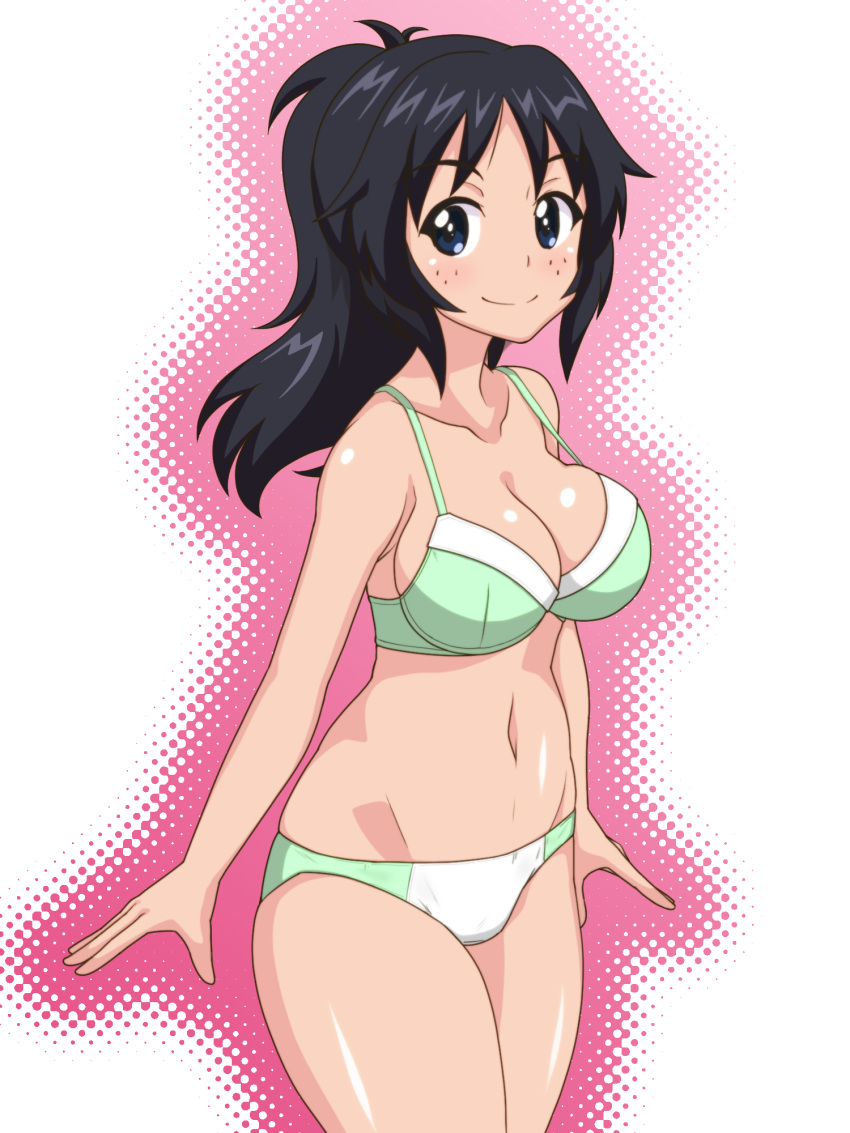 1girl alternate_hairstyle black_hair blue_eyes bra breasts cleavage closed_mouth commentary cowboy_shot crotch_seam freckles girls_und_panzer gogopaint green_bra green_panties groin hair_up highres long_hair looking_at_viewer medium_breasts navel panties ponytail smile solo standing underwear underwear_only yamagou_ayumi