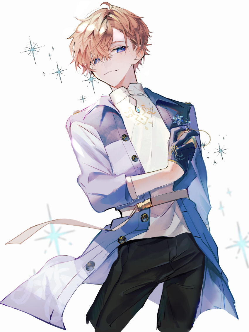 1boy absurdres belt black_gloves black_pants blonde_hair blue_coat blue_eyes coat gloves heathcliff_blanchett highres jewelry long_sleeves mahoutsukai_no_yakusoku male_focus mole mole_under_eye necklace pants shirt short_hair solo sparkle u-sama_(u_summer0719) white_background white_belt white_shirt