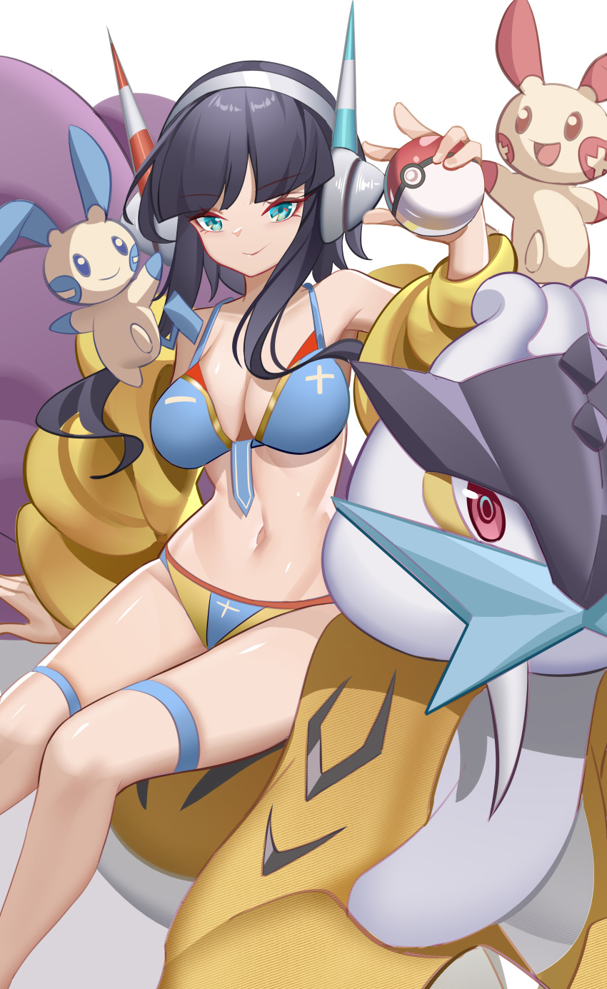 1girl absurdres arm_support bikini black_hair blue_bikini breasts closed_mouth commentary_request elesa_(pokemon) eyelashes green_eyes hand_up headphones highres holding holding_poke_ball jacket luai minun navel off_shoulder plusle poke_ball poke_ball_(basic) pokemon pokemon_(creature) pokemon_(game) pokemon_bw2 raikou riding riding_pokemon shiny_skin sidelocks sitting smile stomach swimsuit thigh_strap thighs yellow_jacket