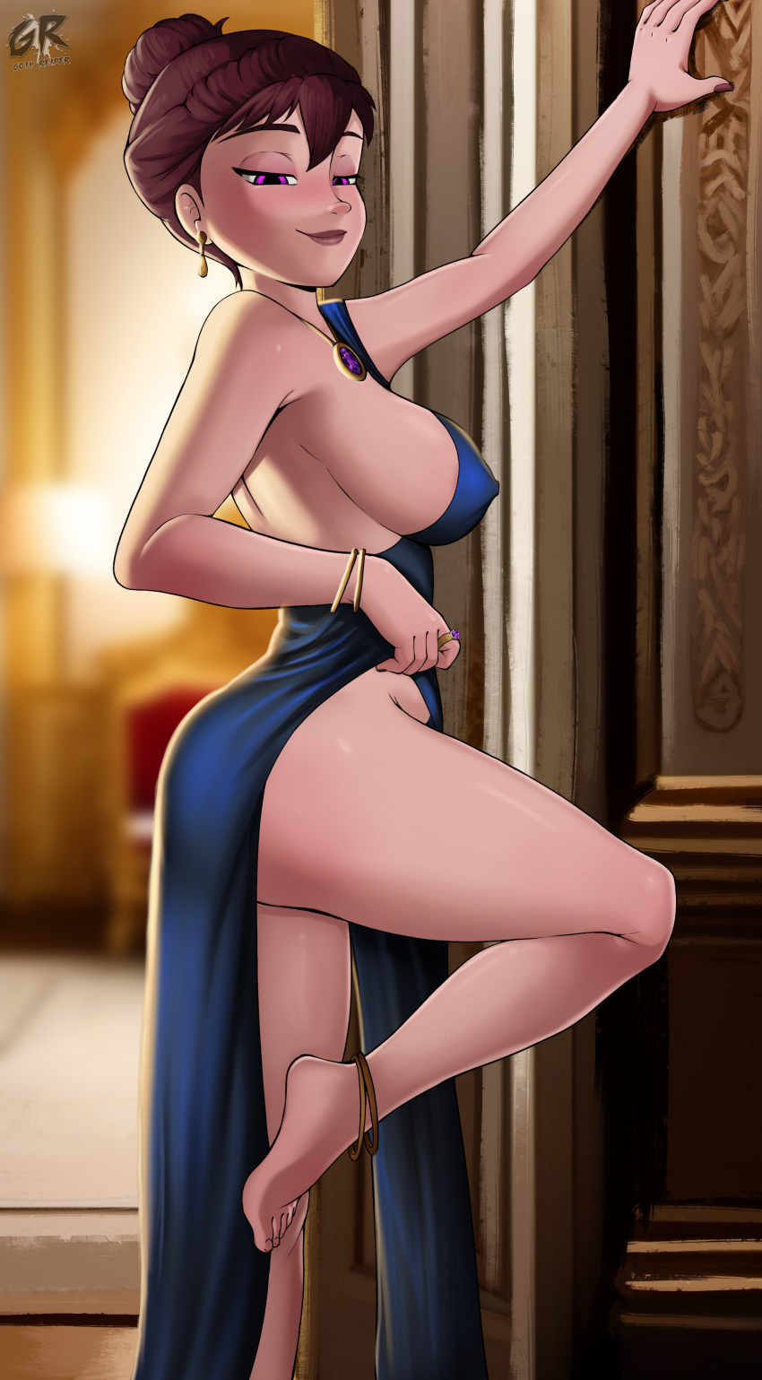 1girl absurdres anklet areola_slip barefoot blue_dress blush bracelet breasts brown_hair commentary covered_nipples dress earrings english_commentary frozen_(disney) g_reaper hair_bun half-closed_eyes highres iduna_(disney) jewelry large_breasts naughty_face necklace purple_eyes ring side_slit single_hair_bun smile solo standing standing_on_one_leg