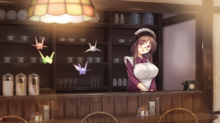 1girl absurdres amatsutsumi apron black_hair blush breasts cafe cup frilled_apron frills fumimaru glasses highres indoors japanese_clothes kimono lamp large_breasts long_hair looking_at_viewer maid maid_apron maid_headdress open_mouth oribe_azuki origami paper_crane phone plate red_eyes red_kimono shelf signature solo table teacup wa_maid white_apron