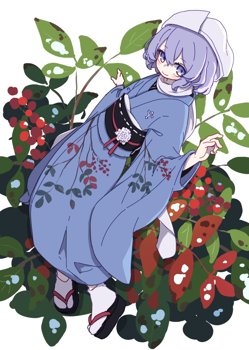 1girl absurdres blue_eyes blue_kimono blush closed_mouth full_body hair_between_eyes hat highres japanese_clothes kame_(kamepan44231) kimono lapel_pin letty_whiterock long_sleeves obi okobo one-hour_drawing_challenge purple_hair sash short_hair smile socks solo touhou white_background white_headwear white_socks wide_sleeves