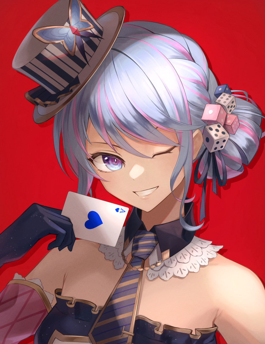 1girl absurdres ace_(playing_card) ace_of_hearts bare_shoulders black_dress black_gloves black_ribbon blue_hair butterfly_hat_ornament card detached_collar dice_hair_ornament dollive dress frilled_dress frills gloves hair_bun hair_ornament hair_ribbon hand_up hat hat_ornament heart highres holding holding_card maca_petty multicolored_hair necktie one_eye_closed open_mouth pink_hair playing_card purple_eyes purple_necktie red_background ribbon simple_background smile solo strapless strapless_dress streaked_hair swept_bangs tatty tilted_headwear top_hat upper_body virtual_youtuber white_headwear