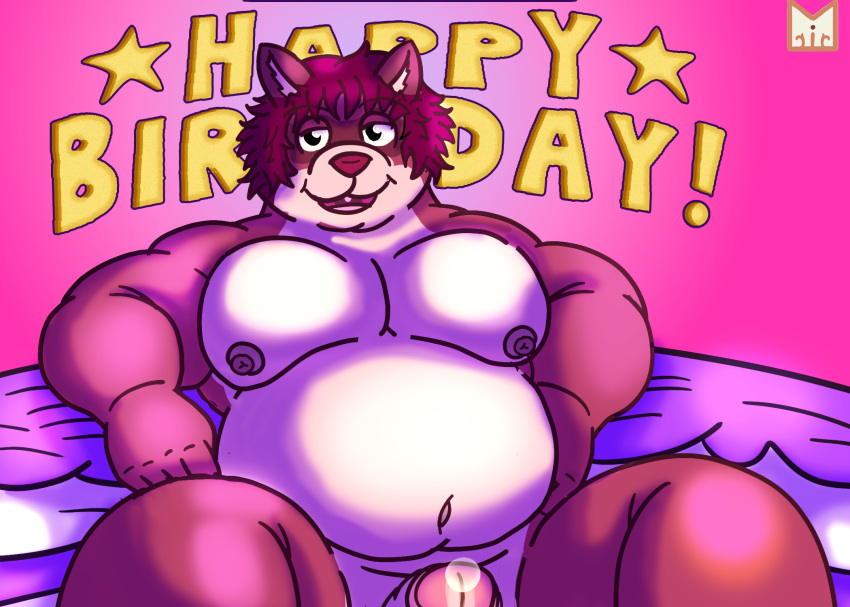 animal_humanoid anthro belly big_belly birthday bodily_fluids cake canid canid_humanoid canine canine_humanoid chubby_male cum dessert erection food genital_fluids genitals happy_birthday hi_res humanoid katagon kemono male mammal mammal_humanoid moobs nipples nude open_mouth overweight overweight_anthro overweight_male penis precum purple_body raccoon_dog red_panda_mirr simple_background smile solo tanuki tanuki_humanoid text