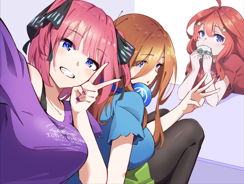 3girls ahoge black_pantyhose black_ribbon blue_eyes blue_shirt blunt_bangs breasts bright_pupils brown_hair butterfly_hair_ornament colored_skin commentary_request eating elbows_on_table expressionless eyes_visible_through_hair foreshortening go-toubun_no_hanayome green_skin grin hair_ornament hair_ribbon hand_up hands_up happy head_tilt headphones headphones_around_neck hyoe_(hachiechi) large_breasts light_blush lips long_hair looking_at_viewer looking_back medium_hair miniskirt multiple_girls nail_polish nakano_itsuki nakano_miku nakano_nino pantyhose pink_hair pleated_skirt purple_background purple_nails purple_shirt red_hair red_shirt ribbon selfie shirt short_sleeves siblings sidelocks simple_background sisters skirt smile star_(symbol) star_hair_ornament twins upturned_eyes v w white_background white_pupils