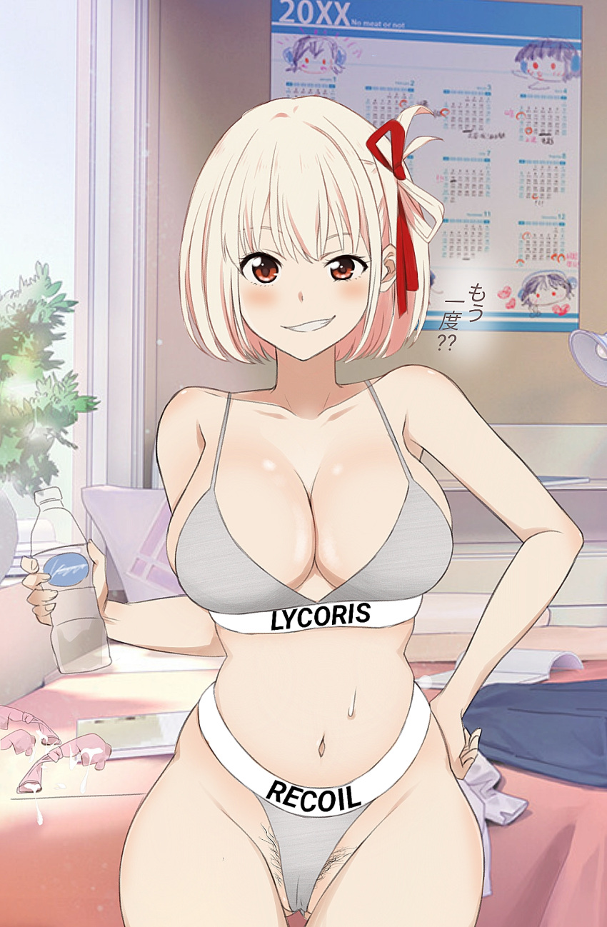 1girl after_sex black_pubic_hair blonde_hair blush bob_cut breasts commentary_request condom cum female_pubic_hair gangshangguang_(smjy5842) hair_ribbon highres large_breasts looking_at_viewer lycoris_recoil mismatched_pubic_hair multiple_condoms navel nishikigi_chisato pubic_hair pubic_hair_peek red_eyes red_ribbon ribbon short_hair smile underwear used_condom