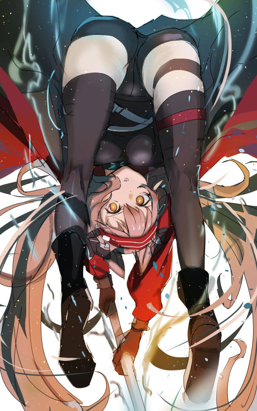 1girl absurdres angelina_(arknights) angelina_(distinguished_visitor)_(arknights) arknights ass black_choker black_footwear black_shorts black_thighhighs boots breasts brown_hair choker chuhaibane coat energy hairband highres infection_monitor_(arknights) leaning_forward long_hair looking_at_viewer looking_through_legs medium_breasts orange_hair parted_lips red_coat red_hairband shorts simple_background solo thigh_strap thighhighs twintails very_long_hair white_background