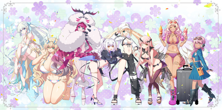 6+girls abs animal_ears animal_print antlers arm_up artoria_caster_(fate) artoria_caster_(swimsuit)_(fate) artoria_pendragon_(fate) asymmetrical_clothes bandeau baobhan_sith_(fate) baobhan_sith_(swimsuit_pretender)_(fate) bare_shoulders barefoot barghest_(fate) barghest_(swimsuit_archer)_(fate) baseball_cap bikini black_bikini black_footwear black_jacket black_pants blonde_hair blue_eyes blue_hair blue_jacket blue_skirt blush boots bracelet braid breasts cernunnos_(fate) character_hood chloe_von_einzbern chloe_von_einzbern_(swimsuit_avenger) choker circlet cleavage cnoc_na_riabh_(fate) collarbone cropped_jacket dark-skinned_female dark_skin detached_sleeves dragon_wings eyewear_on_head fate/grand_order fate_(series) flower food forked_eyebrows fox_ears fox_girl french_braid full_body gold_trim gradient_hair green_eyes grey_eyes hair_between_eyes hair_flower hair_ornament hair_ribbon hat high_ponytail highres horns huge_breasts ice_cream jacket jewelry knee_boots kneeling large_breasts leaning_forward leggings leopard_print long_hair long_skirt long_sleeves looking_at_viewer medb_(fate) medium_breasts melusine_(fate) melusine_(swimsuit_ruler)_(fate) microskirt morgan_le_fay_(fate) morgan_le_fay_(water_princess)_(fate) multicolored_bikini multicolored_clothes multicolored_hair multiple_girls navel necklace one_eye_closed open_clothes open_jacket open_mouth orange_eyes pants pink_bikini pink_footwear pink_hair platform_footwear platform_heels pointy_ears ponytail puffy_long_sleeves puffy_sleeves red_skirt ribbon sakura_tsubame sandals shrug_(clothing) sidelocks single_pantsleg skirt small_breasts smile star_(symbol) stomach_tattoo sunglasses suzuka_gozen_(fate) suzuka_gozen_(swimsuit_rider)_(fate) swimsuit tail tan tattoo thighlet thighs twin_braids twintails very_long_hair white_bikini white_hair white_headwear white_jacket white_skirt wings yellow_eyes