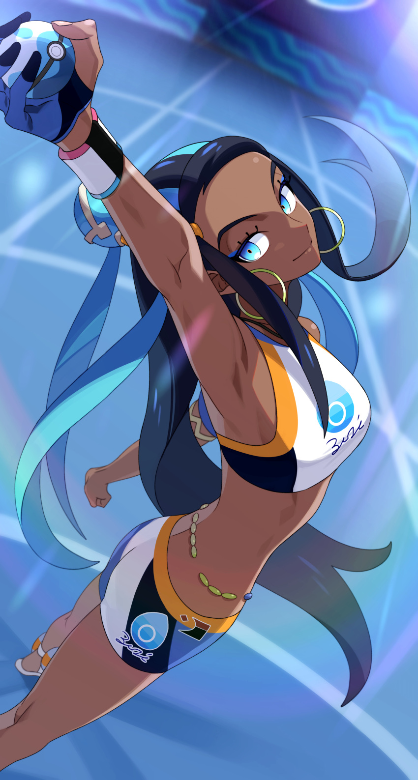 1girl absurdres aqua_eyes aqua_hair arm_up armpits belly_chain bike_shorts black_hair blue_eyeshadow closed_mouth commentary_request dark-skinned_female dark_skin dive_ball dynamax_band earrings eyeshadow gloves hair_bun highres hoop_earrings jewelry long_hair makeup multicolored_hair nessa_(pokemon) onimoti partially_fingerless_gloves pokemon pokemon_(game) pokemon_swsh sandals single_glove single_hair_bun smile solo standing two-tone_hair