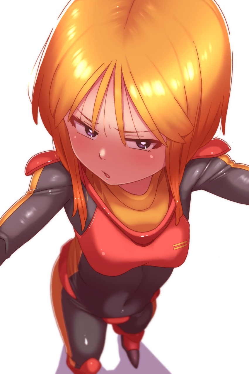 1girl absurdres black_bodysuit blush bodysuit bright_pupils covered_navel flat_chest from_above gundam gundam_zz hair_between_eyes highres looking_at_viewer onimaru_(onimal7802) open_mouth orange_hair outstretched_arms pilot_suit purple_eyes puru_two shadow short_hair simple_background skin_tight solo white_background white_pupils