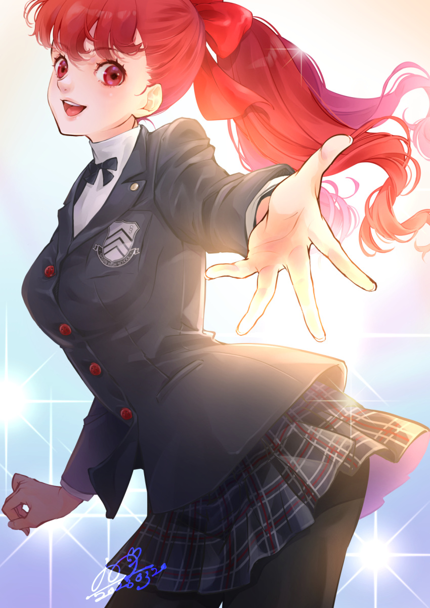 1girl black_jacket black_pantyhose bow buttons commentary_request dated floating_hair hair_bow highres jacket long_hair long_sleeves looking_at_viewer miniskirt open_mouth pantyhose persona persona_5 persona_5_the_royal plaid plaid_skirt ponytail qoo1234 red_bow red_eyes red_hair school_uniform shirt shuujin_academy_school_uniform signature skirt smile solo teeth upper_teeth_only white_shirt yoshizawa_kasumi