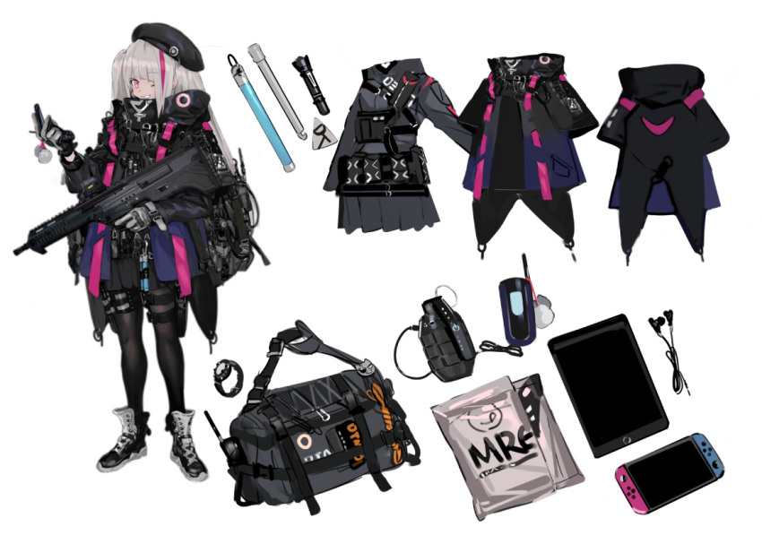 1girl assault_rifle belt_pouch beret black_coat black_footwear black_headwear black_pantyhose cellphone coat colored_shoe_soles commentary_request desert_tech_mdr earbuds earphones explosive field_ration flashlight flip_phone full_body girls'_frontline gloves glowstick grenade grey_gloves grey_hair grey_shirt grey_skirt grin gun hat holding holding_gun holding_phone holding_weapon ipad jacket long_hair long_sleeves looking_at_viewer mdr_(girls'_frontline) multicolored_hair multiple_wristwatches nintendo_switch official_art one_eye_closed one_side_up pantyhose phone pink_hair pouch radio ran_(bukeranwu) reference_sheet rifle shirt shoes skirt smile sneakers solo standing streaked_hair tablet_pc tactical_clothes thigh_strap trigger_discipline very_long_hair walkie-talkie watch weapon weapon_bag white_background wristwatch