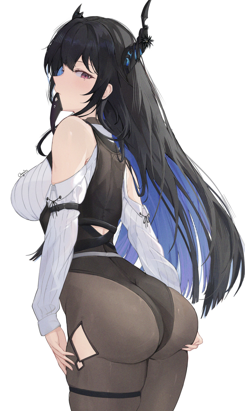 1girl absurdres ass black_hair blue_hair breasts chyraliss closed_mouth colored_inner_hair demon_horns from_behind highres hip_vent hololive hololive_english horns large_breasts leotard long_hair long_sleeves mole mole_under_eye mouth_hold multicolored_hair necktie necktie_in_mouth nerissa_ravencroft pantyhose red_eyes simple_background solo thigh_strap two-tone_hair very_long_hair virtual_youtuber white_background