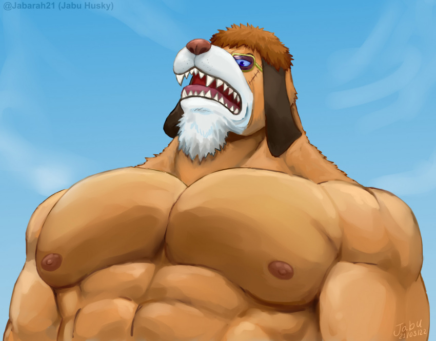 abs anthro biceps duke_dogstorm exterior eyewear glasses humanoid inuarashi_(one_piece) jabuhusky male muscular muscular_male nipples obliques one_piece pecs ribs solo teeth triceps