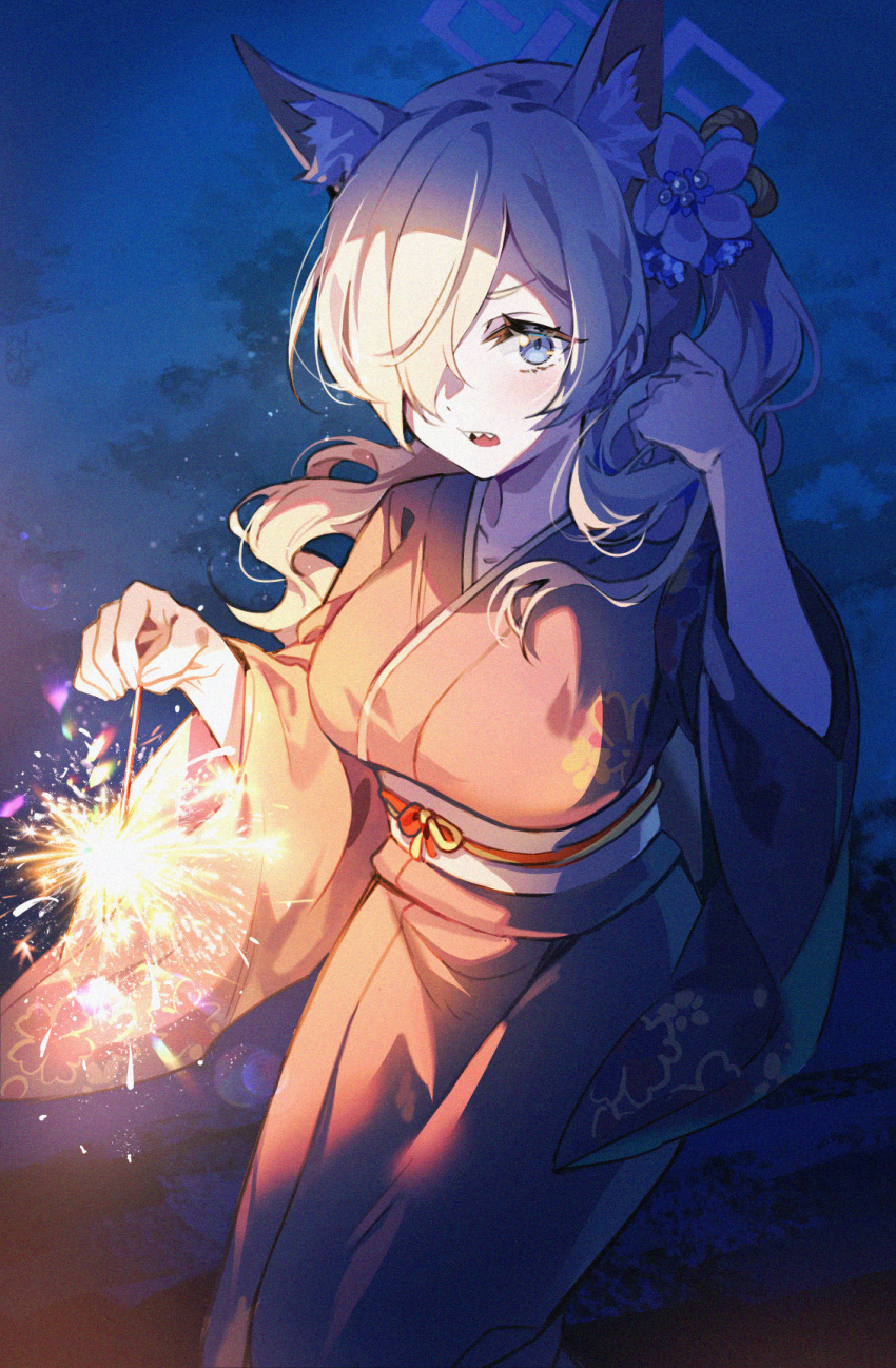 1girl adjusting_hair animal_ears blonde_hair blue_archive blue_eyes breasts collarbone dog_ears dog_girl fireworks flower hair_flower hair_ornament hair_over_one_eye halo highres holding_fireworks hoshiko_(419401x) japanese_clothes kanna_(blue_archive) kanzashi kimono large_breasts light_blush long_sleeves looking_at_viewer medium_hair night obi obijime official_alternate_costume open_mouth outdoors sash sharp_teeth solo sparkler standing swept_bangs teeth wide_sleeves yukata