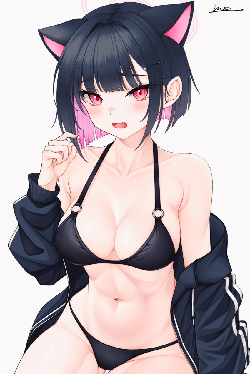 1girl animal_ears bare_shoulders bikini black_bikini black_hair black_jacket blue_archive breasts cat_ears cleavage collarbone colored_inner_hair commentary extra_ears fang hair_intakes hair_ornament hairclip highres jacket kazusa_(blue_archive) large_breasts looking_at_viewer medium_hair multicolored_hair navel o-ring o-ring_bikini o-ring_top open_clothes open_jacket open_mouth pink_hair red_eyes signature simple_background solo stomach swimsuit symbol-only_commentary track_jacket two-tone_hair vini_(frisco) white_background