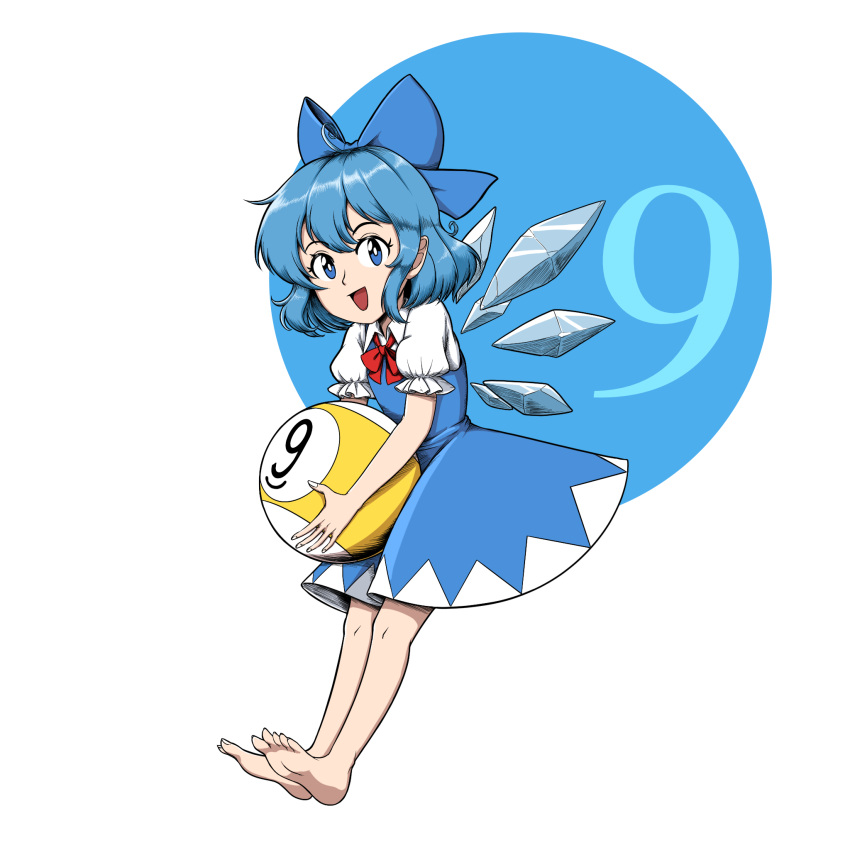 1girl 8-ball bad_feet barefoot blue_background blue_bow blue_dress blue_eyes blue_hair bow bowtie circled_9 cirno cirno_day collared_shirt commentary detached_wings dress english_commentary frilled_sleeves frills full_body giantcavemushroom hair_bow happy highres holding ice ice_wings looking_at_viewer open_mouth oversized_object pinafore_dress puffy_short_sleeves puffy_sleeves red_bow red_bowtie shirt short_sleeves simple_background sleeveless sleeveless_dress solo touhou white_background white_shirt wings