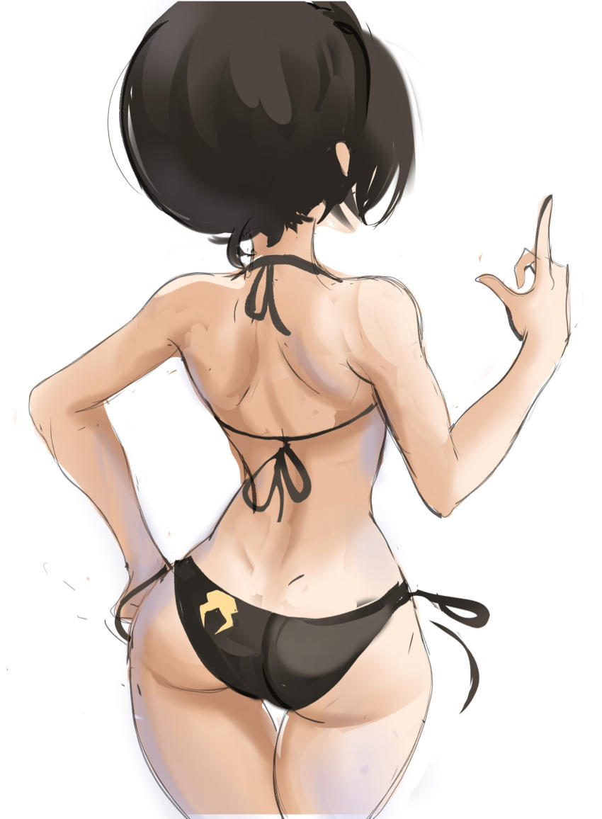 1girl aged_up ass avatar:_the_last_airbender avatar_legends back bare_shoulders bikini black_bikini black_hair facing_away from_behind hand_on_own_hip highres index_finger_raised rakeemspoon short_hair side-tie_bikini_bottom simple_background sketch solo swimsuit thigh_gap toph_bei_fong white_background