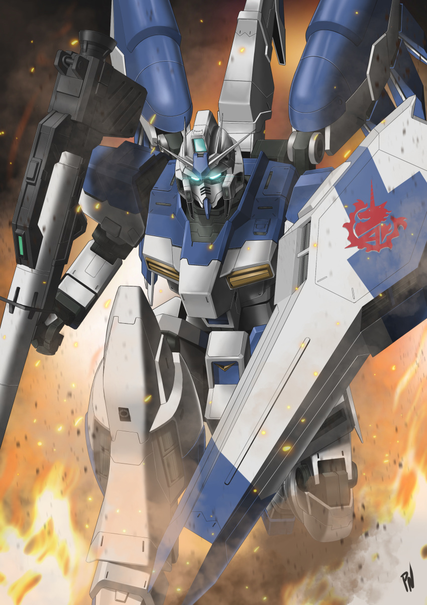 absurdres aqua_eyes bazooka_(gundam) char's_counterattack char's_counterattack_-_beltorchika's_children earth_federation fire glowing glowing_eyes gundam hi-nu_gundam highres holding_cannon mecha mobile_suit no_humans primate_nemesis robot shield signature solo v-fin