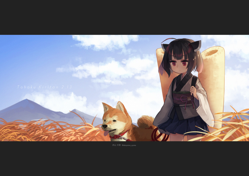 1girl ahoge akayama_ayane artist_name blue_skirt blue_sky brown_hair character_name cloud cloudy_sky commentary_request cowboy_shot day field grass headgear holding holding_leash holding_strap japanese_clothes kimono kiritanpo_(food) leash letterboxed long_sleeves looking_down mountainous_horizon obi obijime outdoors oversized_food oversized_object pet_walking pleated_skirt red_eyes sash shiba_inu short_kimono short_twintails shoulder_strap sidelighting skirt sky solo tall_grass touhoku_kiritan twintails twitter_username voiceroid white_kimono wide_sleeves wind