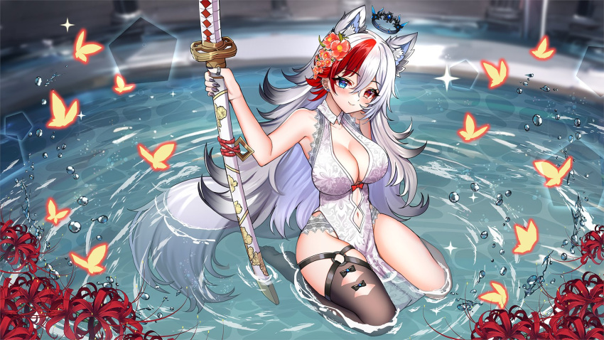 1girl animal_ears arm_up armpits bare_arms bare_shoulders blue_eyes blurry breasts brown_thighhighs china_dress chinese_clothes cleavage closed_mouth clothing_cutout crown depth_of_field dress flower fox_ears fox_tail gradient_hair highres holding holding_sword holding_weapon indie_virtual_youtuber jirafuru katana large_breasts multicolored_hair nail_polish navel navel_cutout pelvic_curtain red_eyes red_hair single_thighhigh sleeveless sleeveless_dress smile solo spider_lily sword tail thighhighs thighs two-tone_hair virtual_youtuber water weapon white_dress white_hair wing_collar