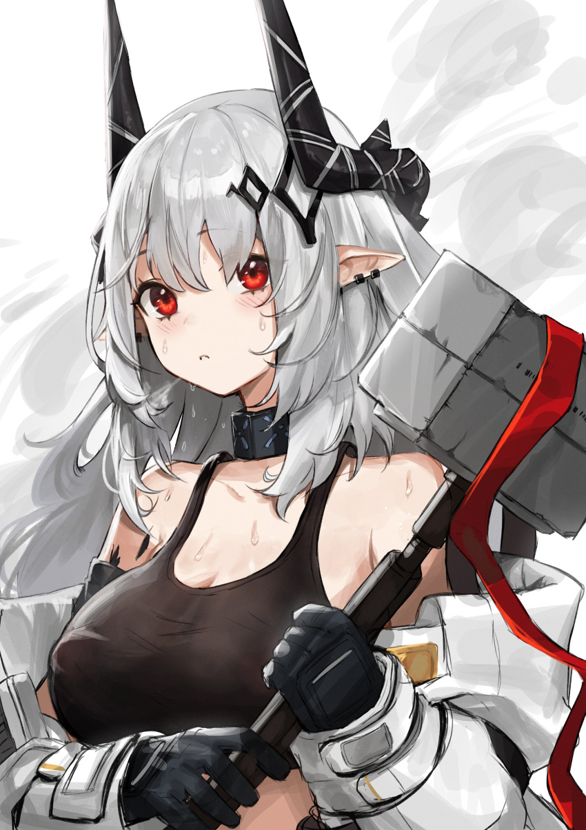 1girl absurdres adamosina arknights black_gloves black_sports_bra breasts commentary demon_horns ear_piercing english_commentary gloves hammer highres holding holding_hammer horns infection_monitor_(arknights) jumpsuit large_breasts long_hair mudrock_(arknights) mudrock_(elite_ii)_(arknights) open_jumpsuit parted_lips piercing pointy_ears red_eyes solo sports_bra sweat upper_body white_hair white_jumpsuit