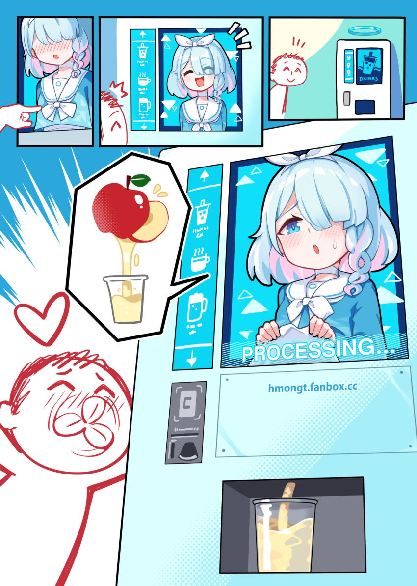 1boy 1girl apple_juice arona's_sensei_doodle_(blue_archive) arona_(blue_archive) blue_archive blue_hair cup drink headband highres hm_(hmongt) juice light_blue_hair sensei_(blue_archive) vending_machine white_headband