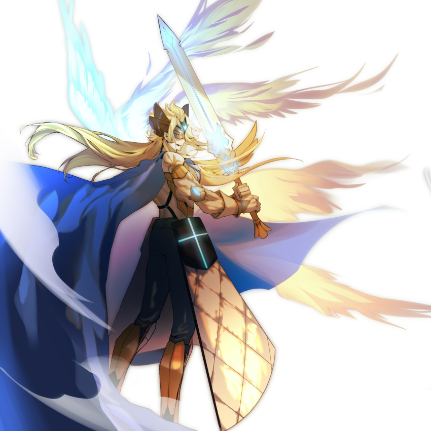 1boy :d argyle armor armored_boots black_pants blonde_hair blue_cape blue_eyes boots cape cookie_run couter cross eye_mask faulds feathered_wings feet_out_of_frame from_side highres holding holding_sword holding_weapon humanization long_hair looking_at_viewer looking_to_the_side lower_teeth_only madeleine_cookie male_focus multiple_wings pants parted_bangs popped_collar profile shirt shoulder_armor simple_background smile solo standing sword teeth tuko waist_cape weapon white_background white_shirt white_wings winged_hair_ornament wings yellow_footwear