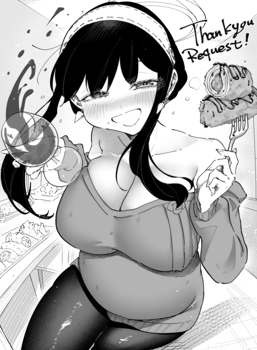 1girl absurdres belly blush breasts cleavage collarbone commission cup drinking_glass earrings floating_hair food fork greyscale hairband highres holding holding_fork jewelry large_breasts looking_at_viewer monochrome off_shoulder open_mouth pantyhose pixiv_commission plump short_hair_with_long_locks smile solo spy_x_family terano_haruma wine_glass yor_briar