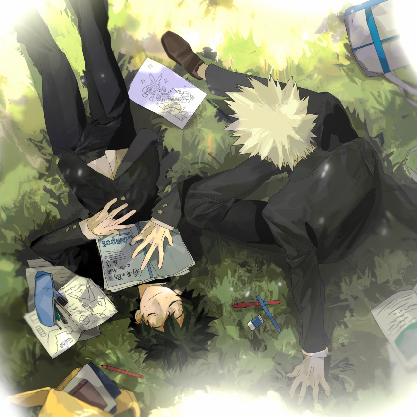 2boys absurdres aged_down backpack bag bag_removed bakugou_katsuki black_jacket black_pants blonde_hair blurry blurry_foreground boku_no_hero_academia brown_footwear buttons chinese_commentary closed_eyes commentary_request drawing dress_shoes eraser feet_out_of_frame freckles from_above gakuran green_hair hair_between_eyes hand_on_ground hands_up highres jacket knee_up leaning_forward long_sleeves lying male_focus marker midoriya_izuku multiple_boys note notebook on_back on_grass on_ground open_bag outdoors outstretched_arms pants pao_jiao_yu_pao_jiao paper pen pencil pencil_case radar_chart school_uniform shadow shirt short_hair sitting sleeping smile sparkle spiked_hair split_mouth upside-down white_shirt yellow_bag