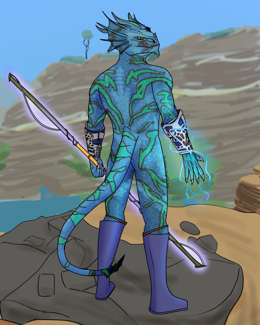 anthro armor baldur's_gate blue_body boots bracers butt circlet clothing dragon dragonborn_(dnd) dungeons_and_dragons electricity footwear footwear_only fyreblazes green_markings hasbro hi_res humanoid lightning looking_at_viewer magic male markings mostly_nude nude scalie solo staff tail weapon wizards_of_the_coast wristwear wristwear_only yellow_eyes