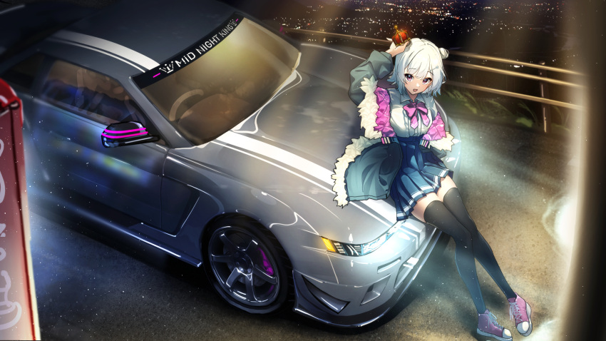 1girl :d arm_up black_thighhighs blue_skirt bow bowtie car collared_shirt crown english_text fur-trimmed_jacket fur_trim ground_vehicle hair_bun highres jacket koharu_rikka light_particles looking_at_viewer mini_crown motor_vehicle night nissan_s13_silvia nissan_silvia open_clothes open_jacket pink_bow pink_bowtie pink_eyes pink_footwear pleated_skirt shirt shirt_tucked_in shoes short_hair sitting_on_car skirt smile sneakers solo synthesizer_v thighhighs white_hair white_shirt wide_shot you'a