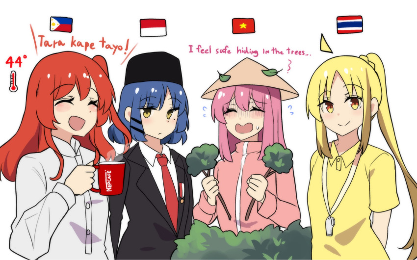 4girls :d ^_^ alternate_costume arms_behind_back badge black_necktie blonde_hair blue_hair bocchi_the_rock! branch brand_name_imitation business_suit closed_eyes coffee_mug commentary cup detached_ahoge dual_wielding english_commentary english_text eyes_visible_through_hair flag flying_sweatdrops formal gotou_hitori hair_between_eyes hair_ornament hairclip hat highres hinghoi holding holding_branch holding_cup ijichi_nijika indonesia jacket jingasa kita_ikuyo leaf logo_parody long_hair long_sleeves looking_at_viewer medium_hair mole mole_under_eye mug multiple_girls necktie nescafe one_side_up orange_eyes parted_bangs philippines pink_hair pink_jacket politics red_hair shirt short_sleeves side_ponytail sidelocks smile songkok steam suit sweatdrop tagalog_text temperature thailand thermometer track_jacket translation_request turtleneck turtleneck_jacket vietnam whistle whistle_around_neck white_background white_shirt yamada_ryou yellow_eyes yellow_shirt zipper
