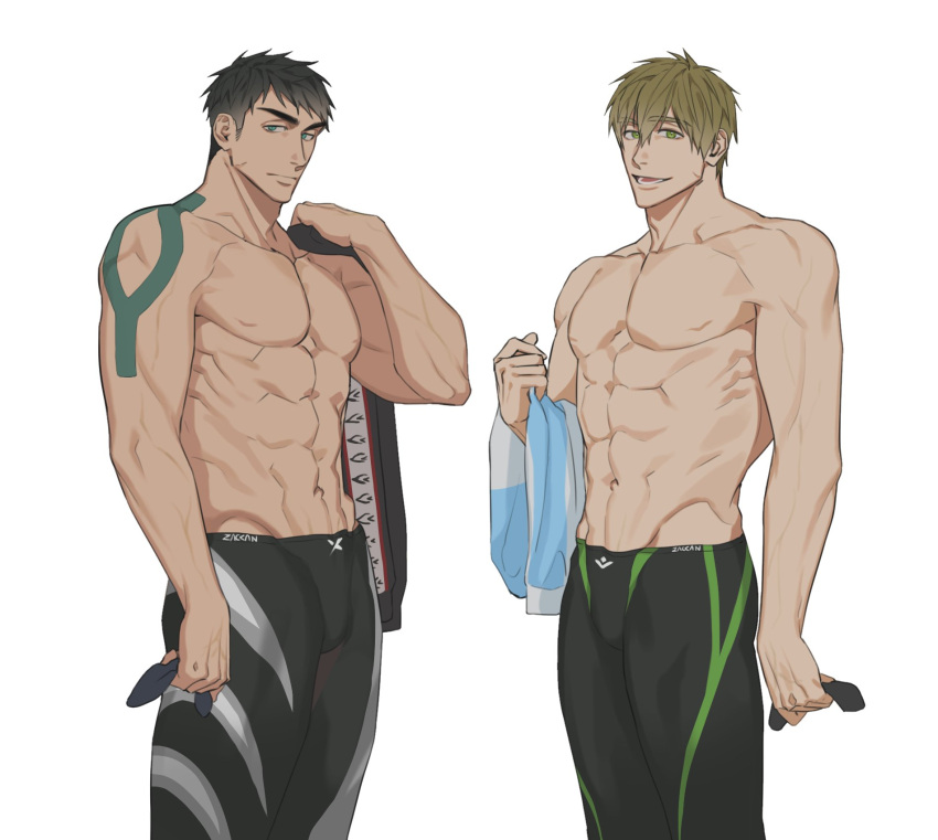 2boys abs bara black_hair black_jacket black_male_swimwear blue_jacket brown_hair free! goggles highres holding holding_clothes holding_goggles holding_jacket jacket jammers large_pectorals male_focus male_swimwear multiple_boys muscular muscular_male navel nipples pectorals short_hair simple_background smile tachibana_makoto topless_male white_background yamazaki_sousuke zac_kan