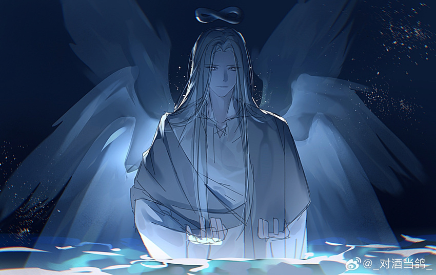 1boy angel angel_wings blue_theme chinese_commentary commentary_request dark grey_eyes grey_hair highres in_water infinity_symbol long_hair looking_at_viewer lord_of_the_mysteries multiple_wings night night_sky ouroboros_(lord_of_the_mysteries) robe sketch sky solo star_(sky) starry_sky tianlihutong water weibo_logo weibo_username white_robe wings