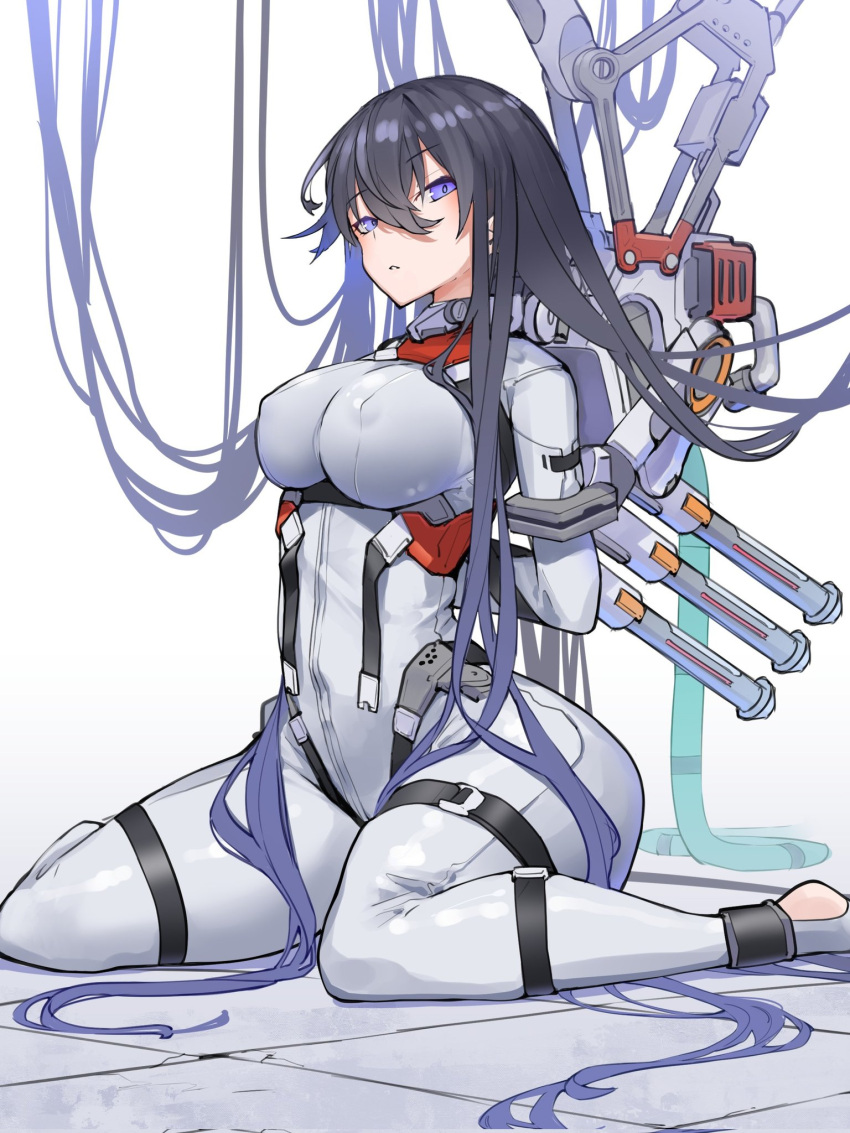 1girl arms_behind_back blue_eyes blue_hair bodysuit breasts cable chest_harness covered_nipples gradient_hair grey_bodysuit hair_between_eyes harness head_tilt highres long_hair machinery medium_breasts multicolored_hair original parted_lips ringobatake science_fiction sitting solo stirrup_legwear thigh_strap toeless_legwear very_long_hair wariza white_background