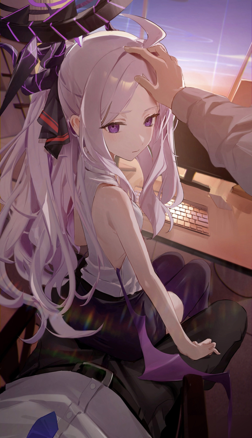 1boy 1girl absurdres bare_shoulders belt blue_archive blush breasts demon_wings desk flatshi hair_ribbon halo hand_on_another's_head headpat highres hina_(blue_archive) horns keyboard_(computer) long_hair looking_at_viewer looking_back low-cut_armhole miniskirt monitor ponytail pov purple_eyes purple_wings revision ribbon sensei_(blue_archive) shirt sitting sitting_on_lap sitting_on_person skirt sky sleeveless sleeveless_shirt small_breasts thighhighs twilight very_long_hair white_hair wings zettai_ryouiki